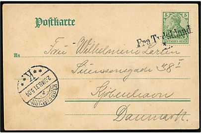5 pfg. Germania på brevkort (Gruss aus Lübeck) annulleret med skibsstempel Fra Tydskland L. og sidestemplet Kjøbenhavn K. d. 31.5.1904 til København, Danmark.