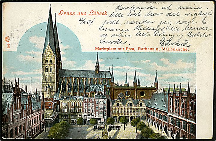 5 pfg. Germania på brevkort (Gruss aus Lübeck) annulleret med skibsstempel Fra Tydskland L. og sidestemplet Kjøbenhavn K. d. 31.5.1904 til København, Danmark.