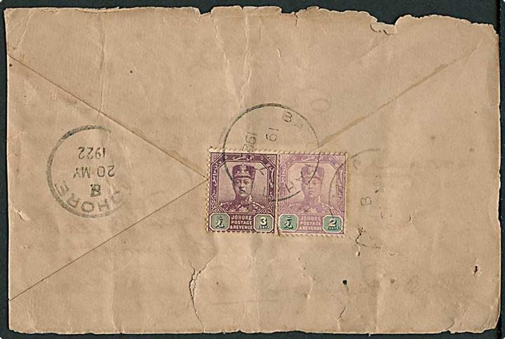 Johore. 2 cents og 3 cents på bagsiden af brev stemplet Batu Pahat d. 19.5.1922 til Johore.
