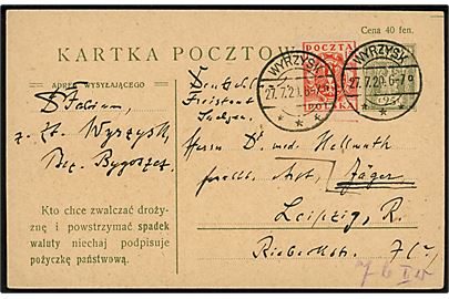 25 f. helsagsbrevkort opfrankeret med 15 f. fra Wyrzysk d. 27.7.1920 til Leipzig, Tyskland.