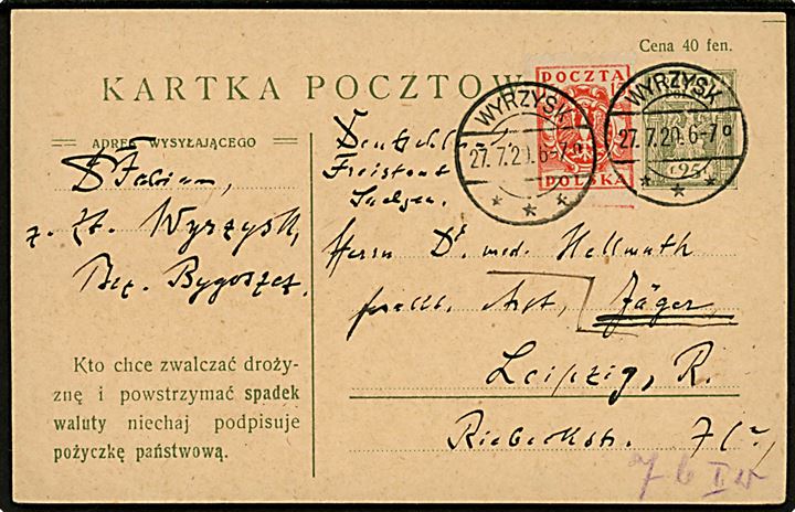 25 f. helsagsbrevkort opfrankeret med 15 f. fra Wyrzysk d. 27.7.1920 til Leipzig, Tyskland.
