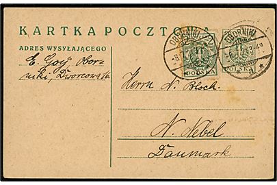 2 mk. helsagsbrevkort opfrankeret med 2 mk. fra Oborniki d. 8.7.1921 til N. Nebel, Danmark. 