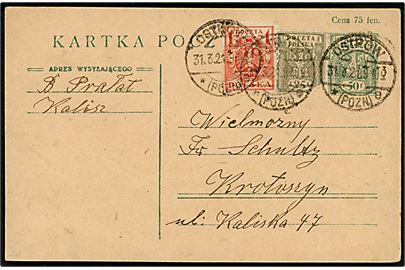 5 f. helsagsbrevkort opfrankeret med 25 f. og 1 mk. fra Ostrow d. 31.3.1921 til Krotoszyn.