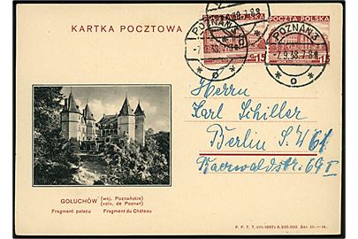 15 gr. Lwow Universitet illustreret helsagsbrevkort med Goluchow slot opfrankeret med 15 gr. Lwow Universitet sendt fra Poznan d. 7.9.1938 til Berlin, Tyskland.