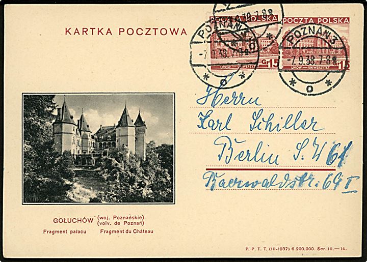 15 gr. Lwow Universitet illustreret helsagsbrevkort med Goluchow slot opfrankeret med 15 gr. Lwow Universitet sendt fra Poznan d. 7.9.1938 til Berlin, Tyskland.