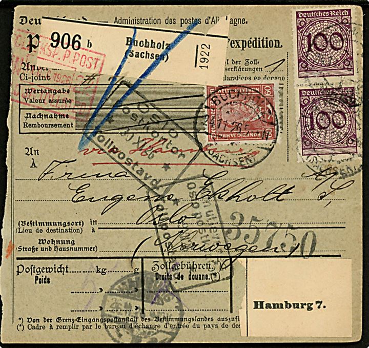 60 pfg. UPU 50 år og 100 pfg. Ciffer (2) på internationalt adressekort for pakke fra Buchholz d. 24.11.1926 via Hamburg til Oslo, Norge.