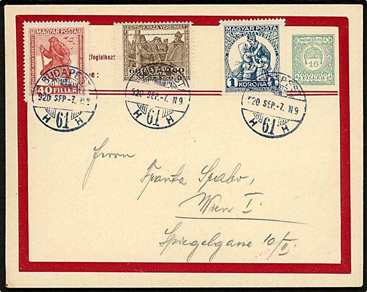 16 f. helsagskuvert med komplet sæt Ikke-hjemvendte krigsfanger velgørenheds-udg. stemplet Budapest d. 7.9.1920 til Wien, Østrig.