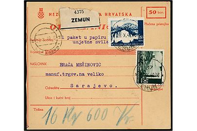 0,50 k. og 50 k. Landskab på adressekort for pakke fra Zemun d. 28.12.1942 til Sarajevo. på bagsiden 5 k. Portomærke i parstykke stemplet Sarajevo d. 30.10.1942.