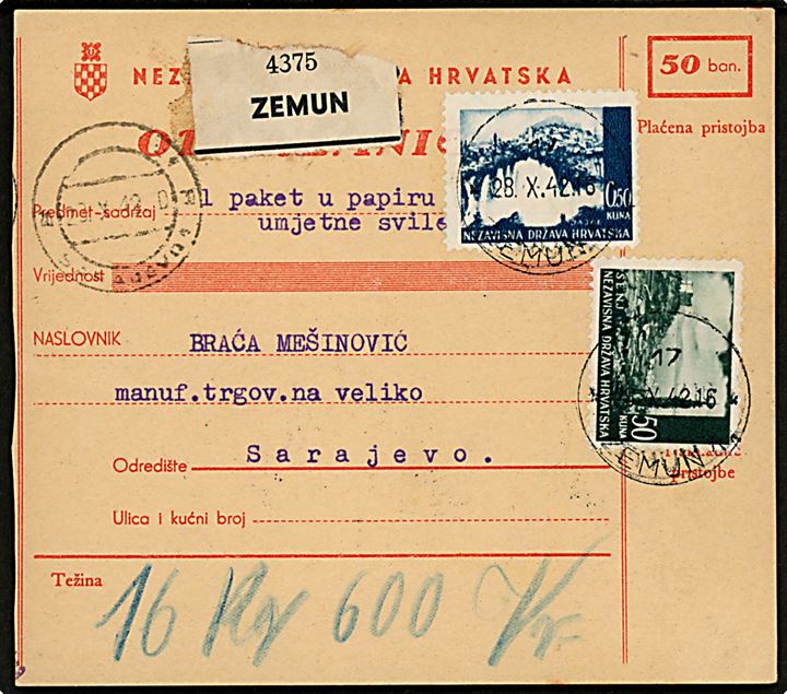 0,50 k. og 50 k. Landskab på adressekort for pakke fra Zemun d. 28.12.1942 til Sarajevo. på bagsiden 5 k. Portomærke i parstykke stemplet Sarajevo d. 30.10.1942.