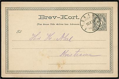 5 øre Posthorn helsagsbrevkort fra Moss annulleret med bureaustempel Sydbanen d. 10.9.1883 til Kristiania.