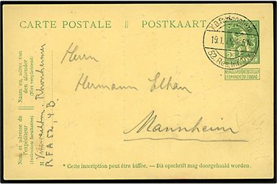 5 c. helsagsbrevkort anvendt som tysk feltpostkort annulleret K.D.Feldpostexp. 52. Res. Inf. Div. d. 19.1.1915 til Mannheim, Tyskland.