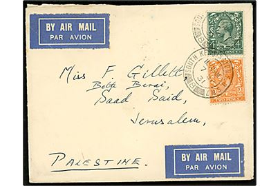 2d og 4d George V på luftpostbrev fra South Kensington d. 7.9.1931 til Jerusalem, Palestine. 