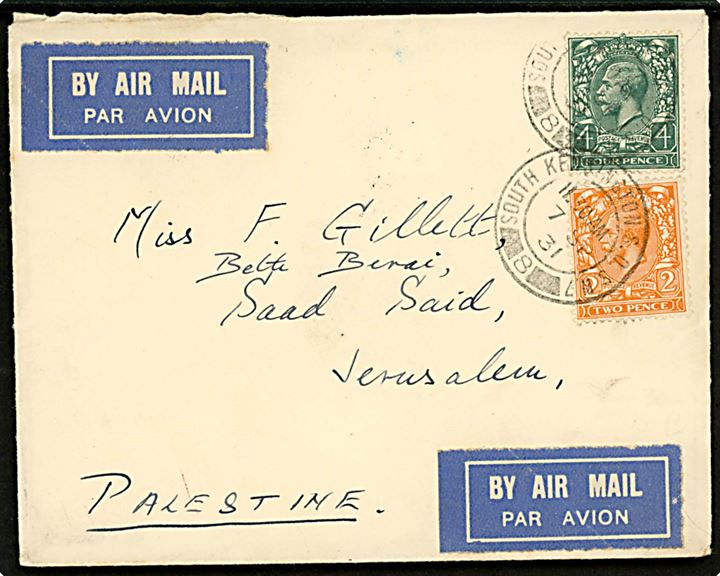 2d og 4d George V på luftpostbrev fra South Kensington d. 7.9.1931 til Jerusalem, Palestine. 