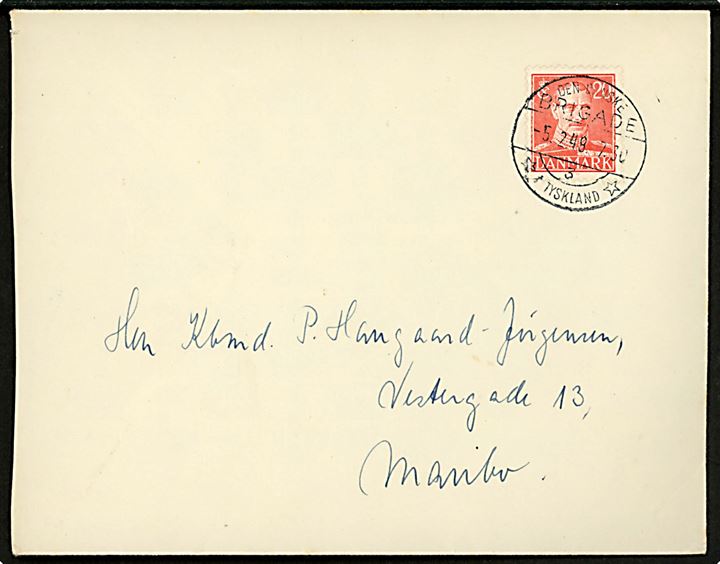 20 øre Chr. X på brev fra soldat ved 7. Batl. Stabskomp. annulleret Den danske Brigade / 3 / * i Danmark * d. 5.2.1948 til Maribo. Sendt fra brigadens forlægning i Aurich.
