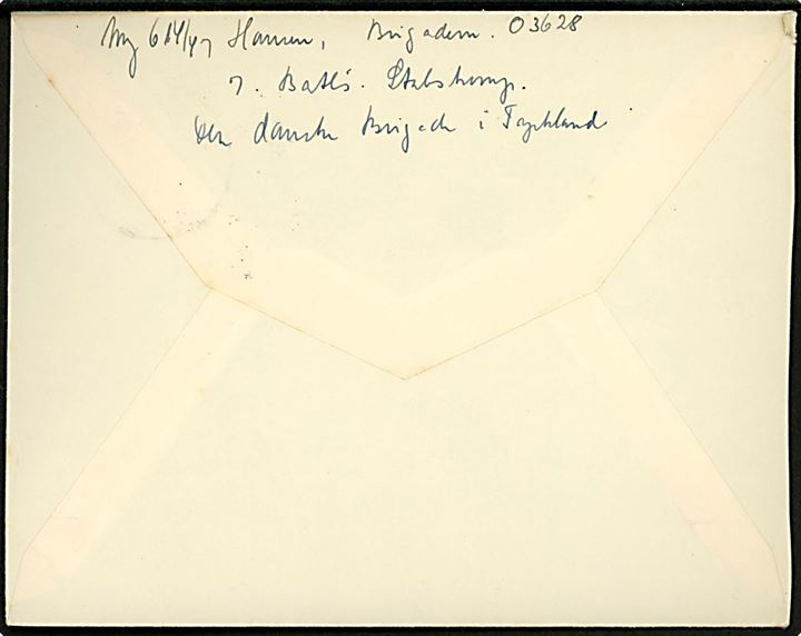 20 øre Chr. X på brev fra soldat ved 7. Batl. Stabskomp. annulleret Den danske Brigade / 3 / * i Danmark * d. 5.2.1948 til Maribo. Sendt fra brigadens forlægning i Aurich.