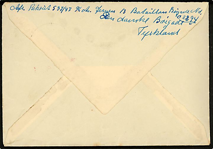 20 øre Chr. X på brev fra soldat ved 13. Batl. annulleret Den danske Brigade / 4 / * i Danmark * d. 18.10.1947 til Brønderslev. Sendt fra brigadens forlægning i Varel.