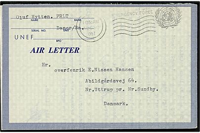 Ufrankeret fortrykt UNEF Air letter dateret i Beit Hanoun d. 28.8.1957 stemplet United nations Emergency Force d. 30.8.1957 til Nr. Uttrup pr. Nørresundby.