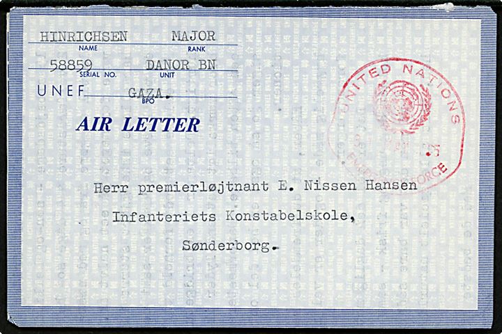 Ufrankeret fortrykt UNEF Air Letter fra dansk major ved Danor Bn i Gaza stemplet United Nations Emergency Force d. 31.5.1965 til Infanteriets Konstabelskole i Sønderborg.