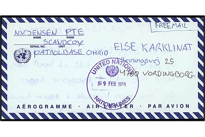 Ufrankeret fortrykt FN-Air Letter fra dansk FN-soldat ved Scandcoy, Patrol Base Ohrid under UNPRED (= United Nations Preventive Deployment Force) i Makedonien stemplet United Nations d. 9,2,1998 til Vordingborg, Danmark. 