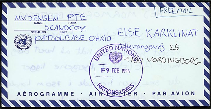 Ufrankeret fortrykt FN-Air Letter fra dansk FN-soldat ved Scandcoy, Patrol Base Ohrid under UNPRED (= United Nations Preventive Deployment Force) i Makedonien stemplet United Nations d. 9,2,1998 til Vordingborg, Danmark. 