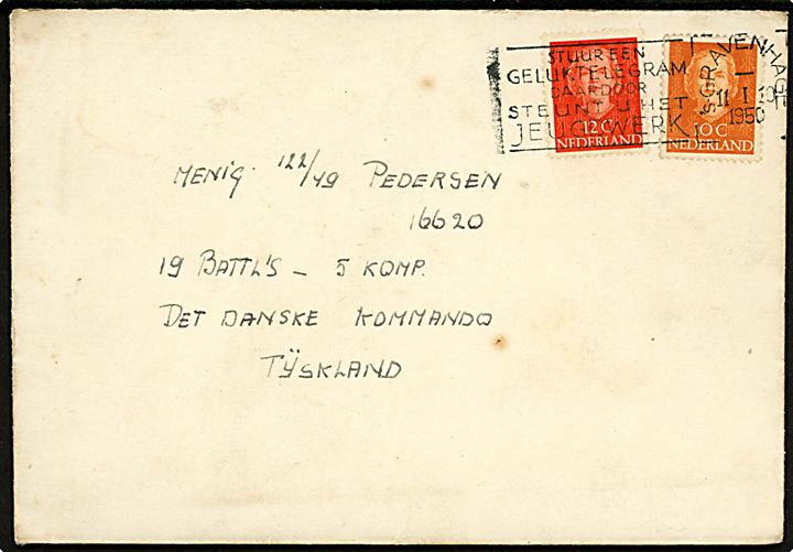 10 c. og 12½ c. på brev fra 's-Gravenhage d. 11.1.1950 til soldat ved 19. Bat., Det danske Kommando i Tyskland.
