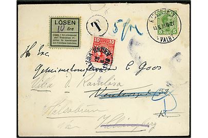 5 øre Chr. X på lokalbrev fra Kjøbenhavn Valby d. 10.8.1916 til København - eftersendt til Sverige og udtakseret i svensk porto med grøn Lösen etiket og 10 öre Gustaf stemplet Ramlösa Brunn d. 13.8.1916. 