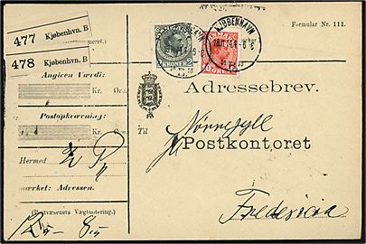 10 øre og 2 kr. Chr. X på adressebrev for pakke fra Kjøbenhavn d. 18.11.1914 til Fredericia.