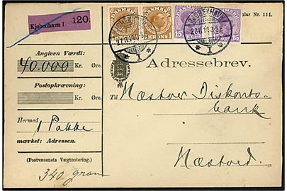 15 øre (2) og 1 kr. (par) Chr. X på adressebrev for værdipakke fra Kjøbenhavn d. 27.11.1914 til Næstved. 