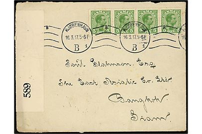 5 øre Chr. X i 4-stribe på brev fra Kjøbenhavn d. 16.3.1917 til Bangkok, Siam. Åbnet af britisk censur no. 589 og ank.stemplet i Bangkok d. 1.6.1917.