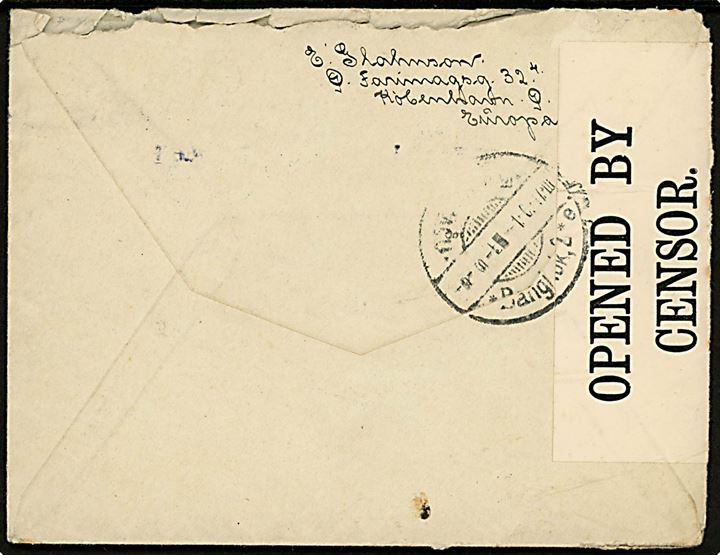 5 øre Chr. X i 4-stribe på brev fra Kjøbenhavn d. 16.3.1917 til Bangkok, Siam. Åbnet af britisk censur no. 589 og ank.stemplet i Bangkok d. 1.6.1917.