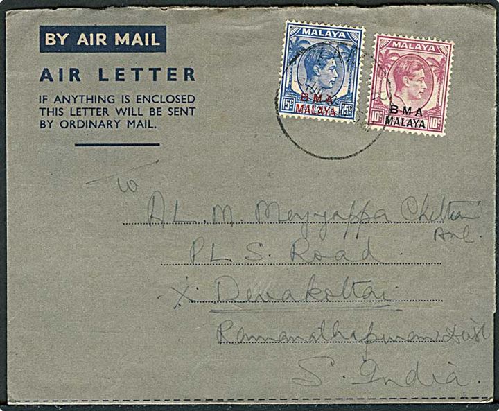 10 c. og 15 c. B.M.A. Malaya på air letter fra Kampor 1950 til Indien.