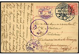 10 øre Chr. X på brevkort fra Hornbæk d. 25.6.1915 til sømand ombord på ØK-skibet M/S Falstria via rederiet i København - eftersendt til Dalny (Dairen) i Manchuriet med russisk censur og transit stempler fra det japanske postkontor i både Changchun og Dairen, Manchuriet. 