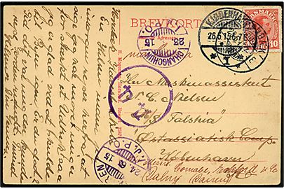 10 øre Chr. X på brevkort fra Hornbæk d. 25.6.1915 til sømand ombord på ØK-skibet M/S Falstria via rederiet i København - eftersendt til Dalny (Dairen) i Manchuriet med russisk censur og transit stempler fra det japanske postkontor i både Changchun og Dairen, Manchuriet. 