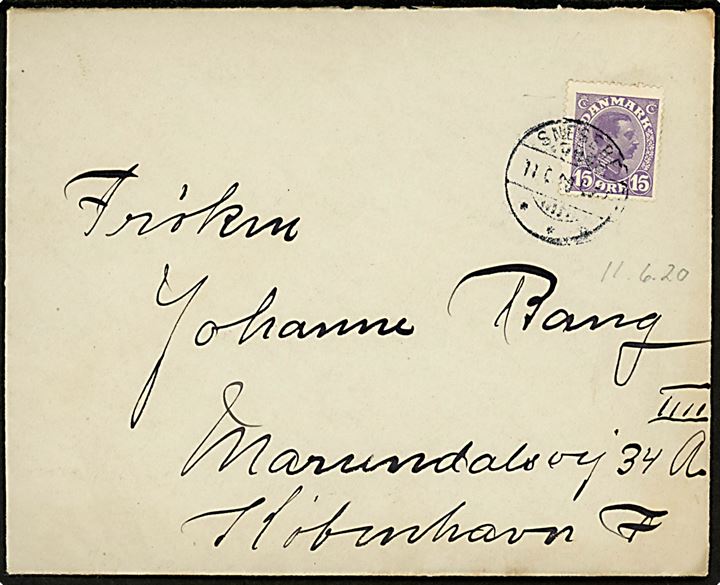 15 øre Chr. X med variant Hjerte over N - no. 34 i en del af oplaget - single på brev fra Snesere d. 11.6.1920 til København. AFA: 600,-