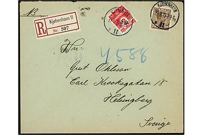 2 øre Bølgelinie og 25 øre Chr. X på 27 øre frankeret anbefalet brev fra Kjøbenhavn d. 14.4.1919 til Helsingborg, Sverige.
