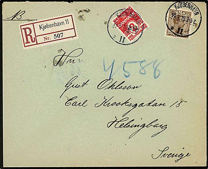 2 øre Bølgelinie og 25 øre Chr. X på 27 øre frankeret anbefalet brev fra Kjøbenhavn d. 14.4.1919 til Helsingborg, Sverige.