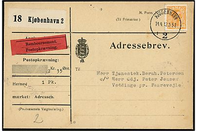 35 øre Chr. X med perfin DSS single på adressebrev for pakker med postopkrævning fra Dansk Spare-Selskab i Kjøbenhavn d. 14.4.1917 til Veddinge pr. Faarevejle. 