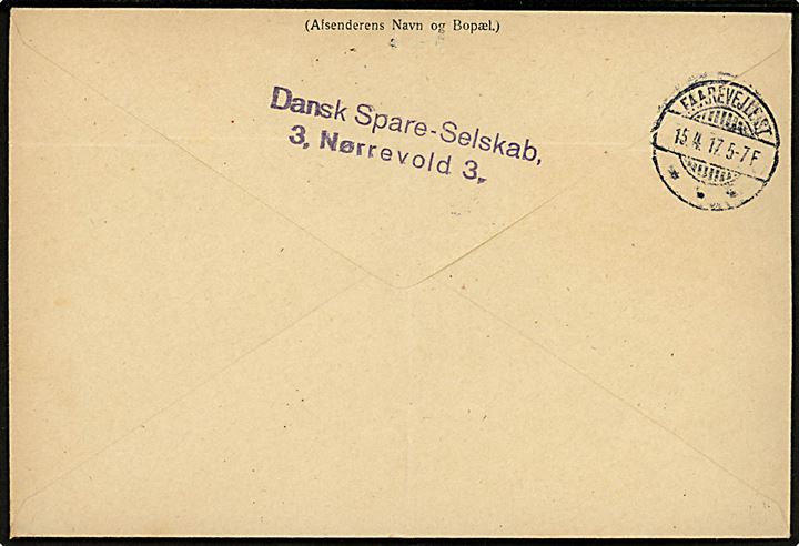 35 øre Chr. X med perfin DSS single på adressebrev for pakker med postopkrævning fra Dansk Spare-Selskab i Kjøbenhavn d. 14.4.1917 til Veddinge pr. Faarevejle. 