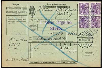 15 øre Chr. X i fireblok på retur indkasserings-Postanvisning fra Strib d. 25.10.1926 til Jellinge.