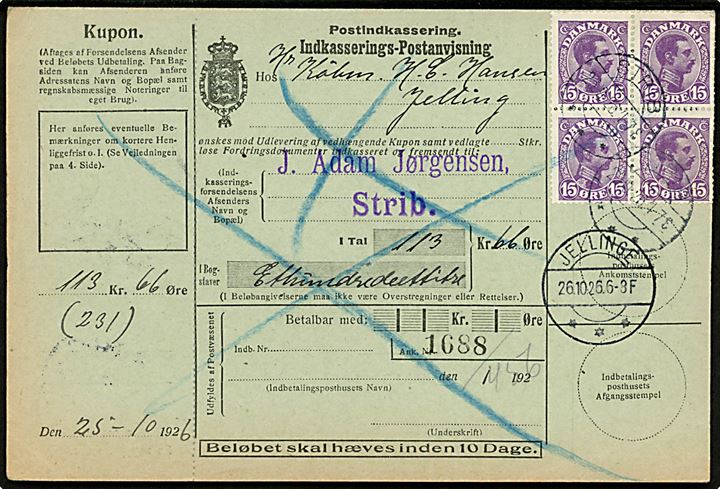 15 øre Chr. X i fireblok på retur indkasserings-Postanvisning fra Strib d. 25.10.1926 til Jellinge.