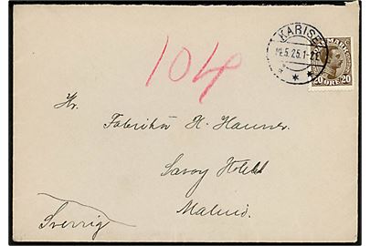 20 øre Chr. X single på brev fra Karise d. 14.5.1925 til Malmö, Sverige.