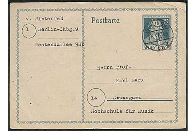 12 pfg. v. Stephan helsagsbrevkort anvendt i Berlin d. 3.6.1947 til Stuttgart.