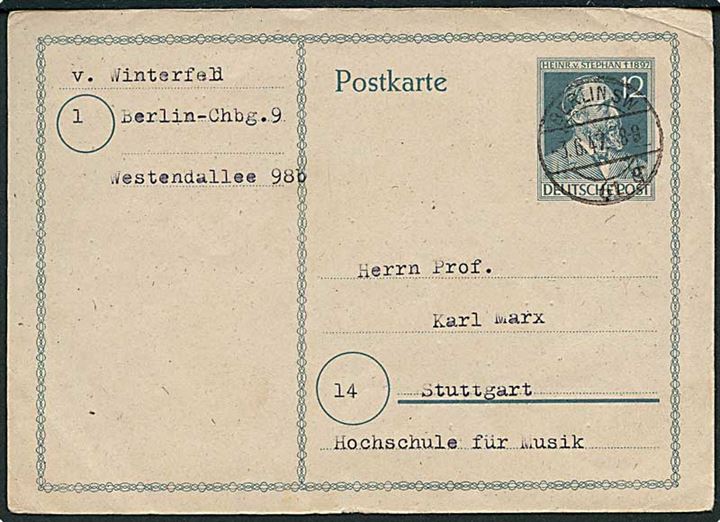 12 pfg. v. Stephan helsagsbrevkort anvendt i Berlin d. 3.6.1947 til Stuttgart.