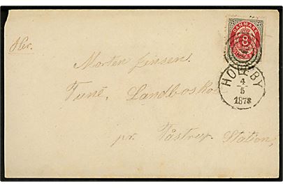 8 øre Tofarvet (defekt) på brev annulleret med nr.stempel 145 og sidestemplet med lapidar VI Holeby d. 4.5.1878 til Tune Landbrugsskole pr. Taastrup Station.
