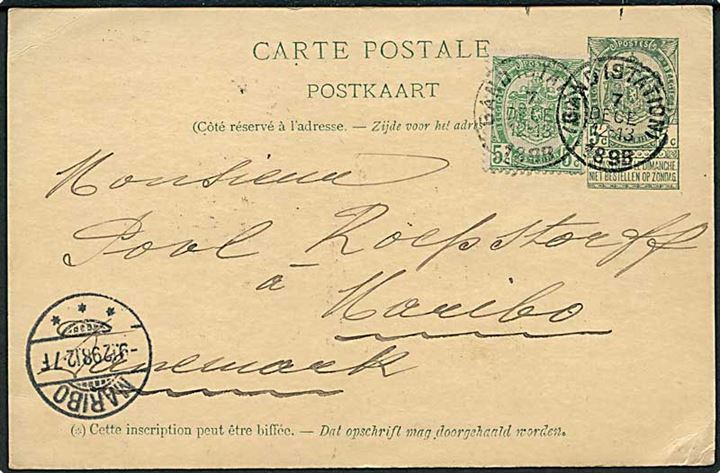 5 c. helsagsbrevkort opfrankeret med 5 c. fra Gand d. 7.12.1898 til Maribo, Danmark.