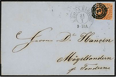 4 sk. 1854 udg. på brev annulleret med nr.stempel 2 og sidestemplet antiqua K.D.O.P.A. Hamburg d. 31.1.185x til Møgeltønder pr. Tønder.