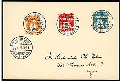 1 øre, 2 øre og 4 øre Bølgelinie på brevkort annulleret med særstempel Frim.Jub.Udst. 1851 1926 København d. 22.4.1926.