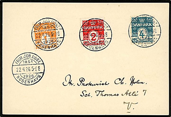 1 øre, 2 øre og 4 øre Bølgelinie på brevkort annulleret med særstempel Frim.Jub.Udst. 1851 1926 København d. 22.4.1926.
