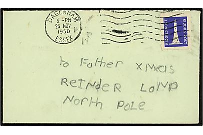 Engelsk Kiddies Post mærke på brev stemplet Dagenham d. 26.11.1950 til Julemanden på Nordpolen. Fuldt indhold.