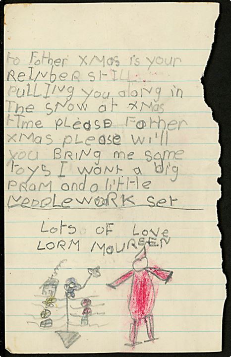 Engelsk Kiddies Post mærke på brev stemplet Dagenham d. 26.11.1950 til Julemanden på Nordpolen. Fuldt indhold.